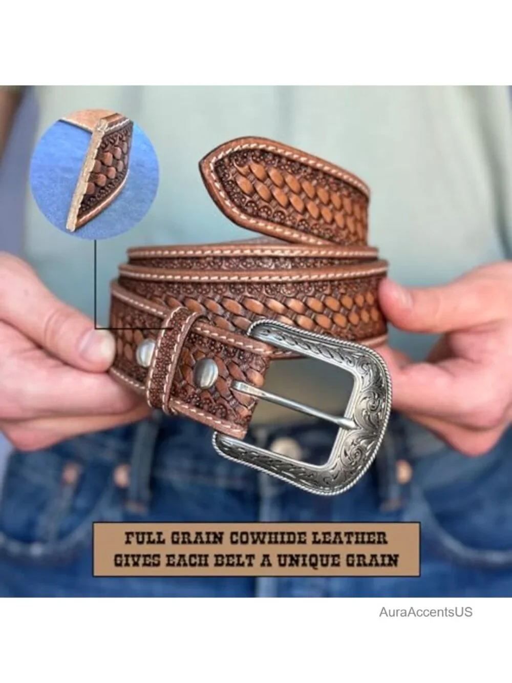 Men's Western Belt Full Grain Leather Tooled Embossed 1.5 inch Handmade